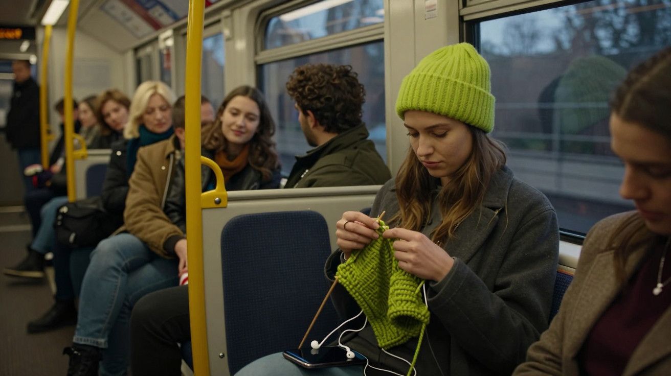 Mulher tricota com gorro verde num comboio; pessoas conversam nos bancos opostos.