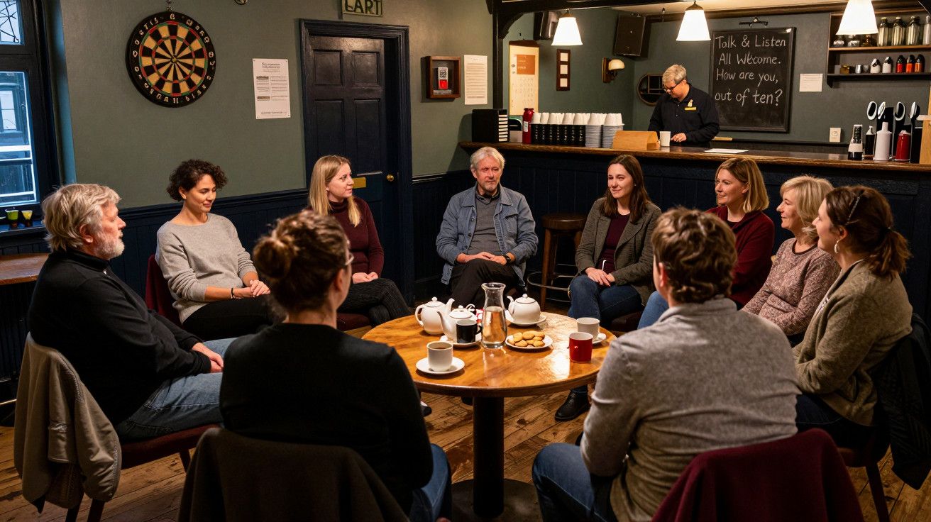 Grupo de pessoas sentadas em círculo num café, participando numa reunião informal. Há chávenas e pratos na mesa.