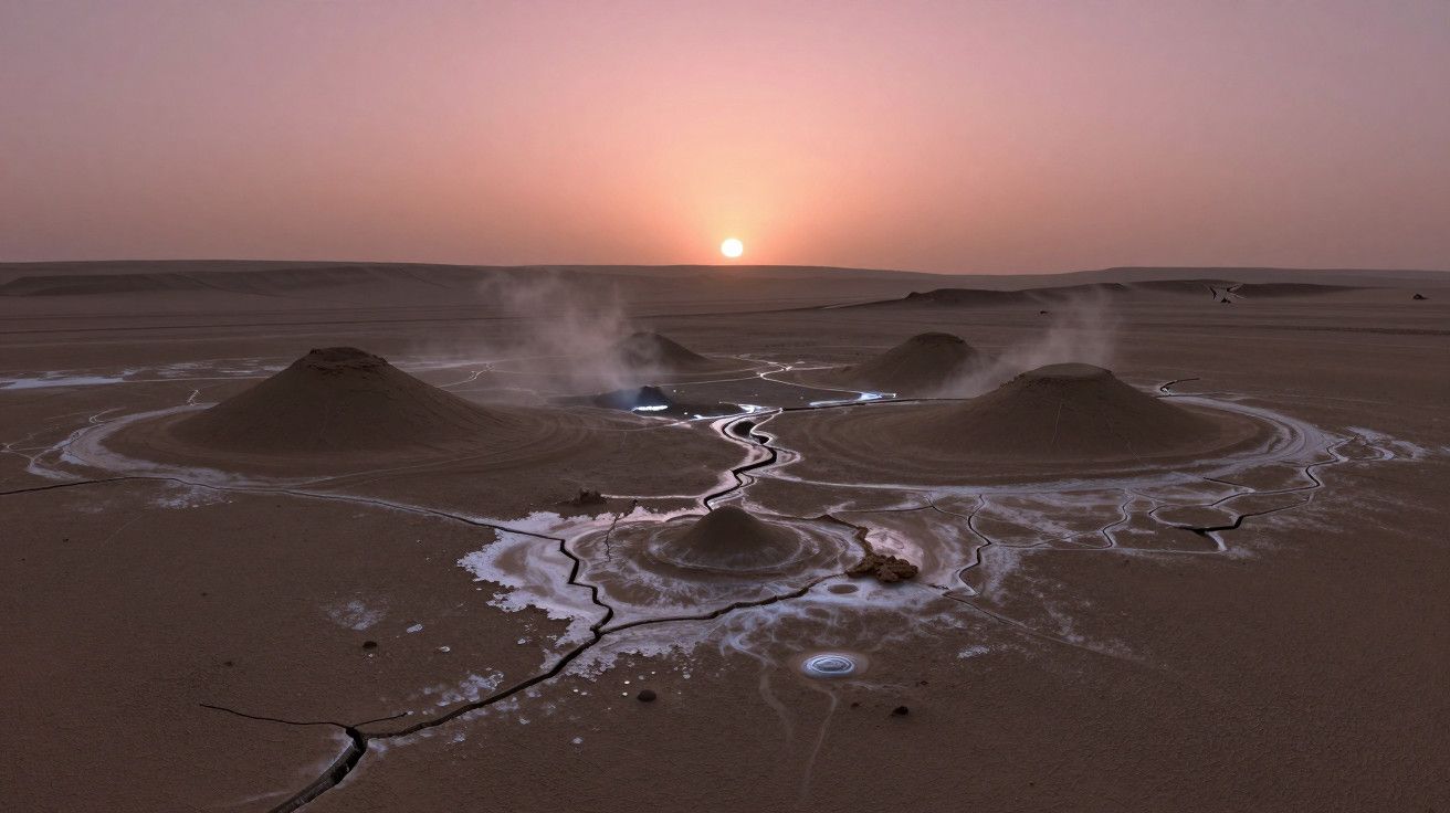 Nascer do sol sobre deserto com montes e fendas; vapor a emergir do solo seco e salgado.