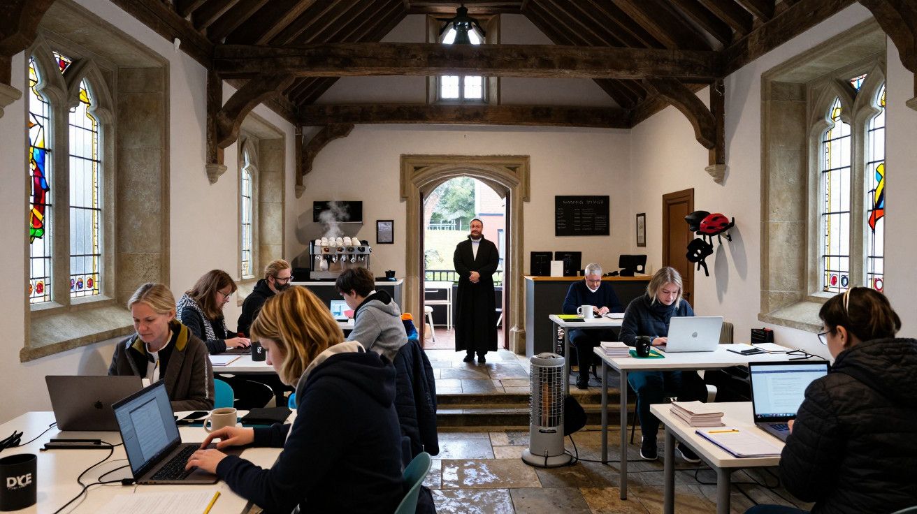 Pessoas a trabalhar em computadores portáteis numa sala com janelas altas e vitrais, enquanto um homem está de pé ao fundo.