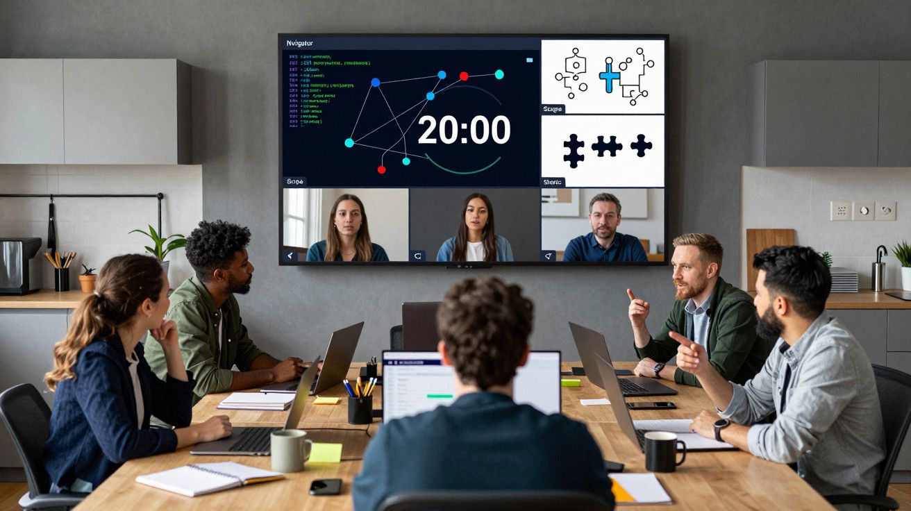 Pessoas em reunião num escritório, reunidas em torno de uma mesa, participando numa videoconferência exibida num ecrã grande.