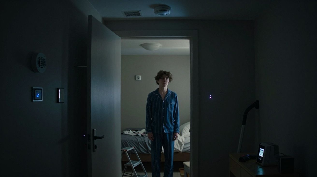 Pessoa de pijama azul num quarto escuro, de frente para a porta entreaberta.