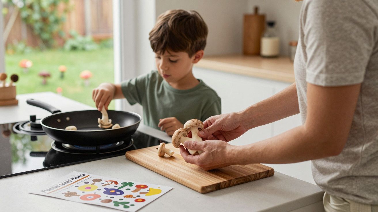 Criança e adulto a cozinhar cogumelos numa cozinha, com um folheto colorido sobre a bancada.