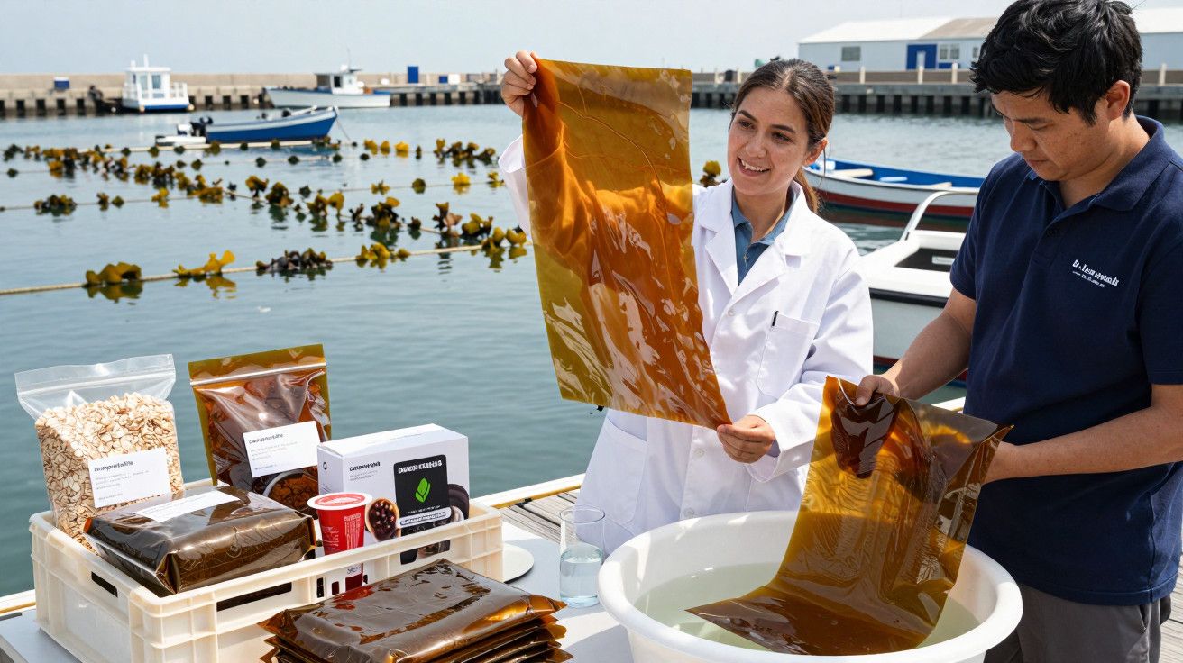 Duas pessoas analisam algas marinhas grandes junto a um cais, com embalagens de produtos e barcos ao fundo.