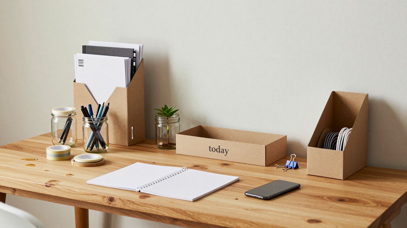 Mesa de trabalho organizada com cadernos, suporte para material de escritório, planta, telemóvel e caixa de cartão.