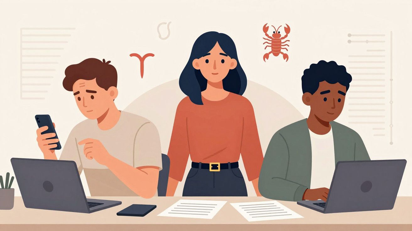 Três pessoas numa mesa: uma mulher em pé e dois homens a usar portáteis, com símbolos de signos no fundo.