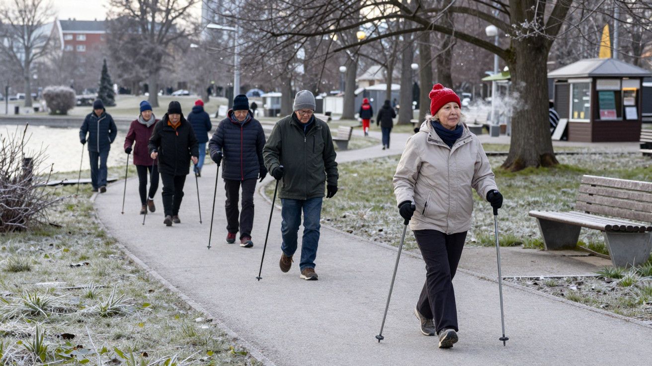 Grupo de pessoas a fazer caminhada num parque com bastões de caminhada, num dia frio de inverno.