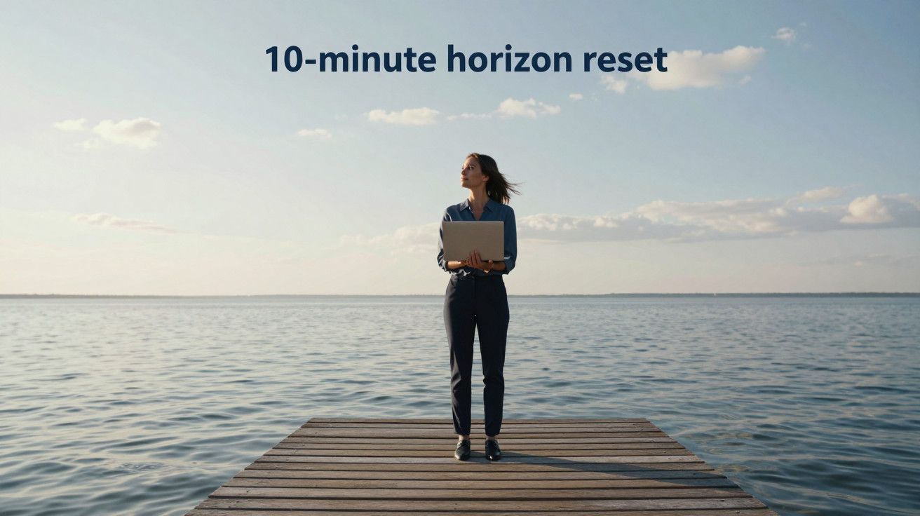 Mulher de pé num cais, segurando um portátil, com texto "10-minute horizon reset" e céu azul ao fundo.