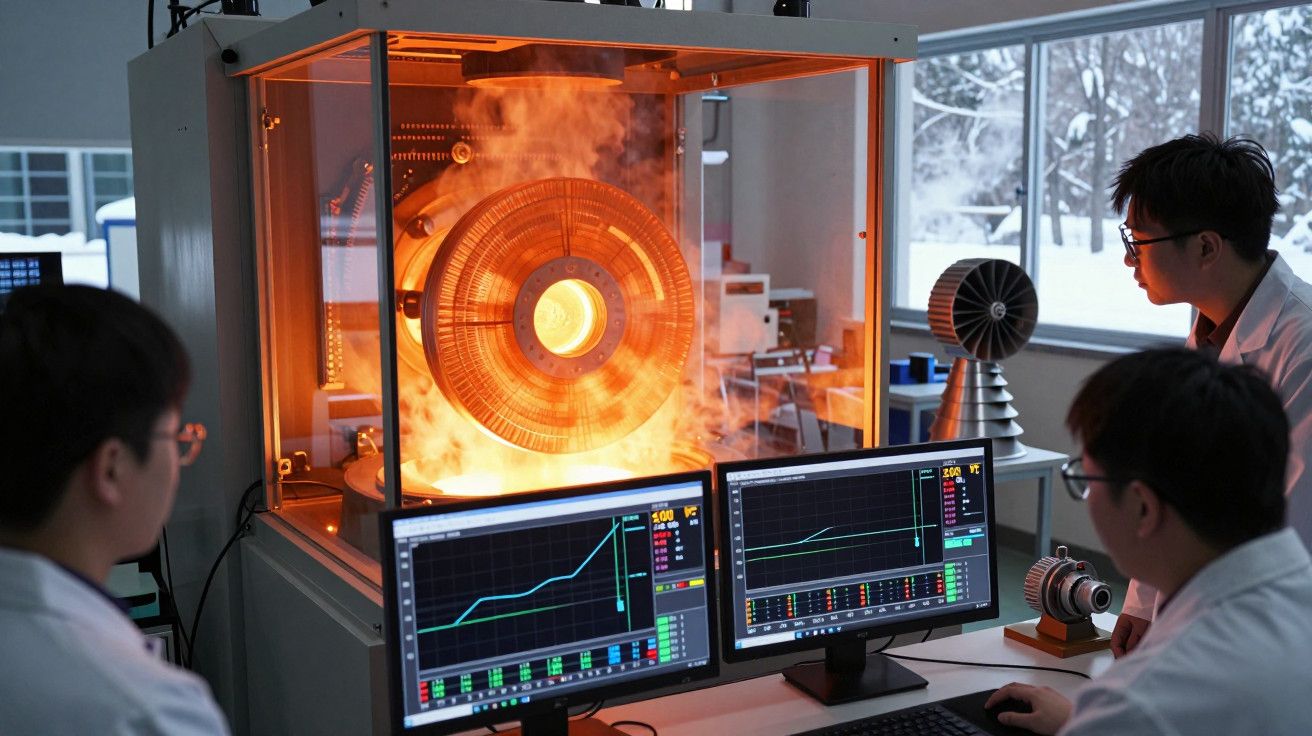 Cientistas observam teste de peça incandescente em laboratório com gráficos em ecrãs de computador.