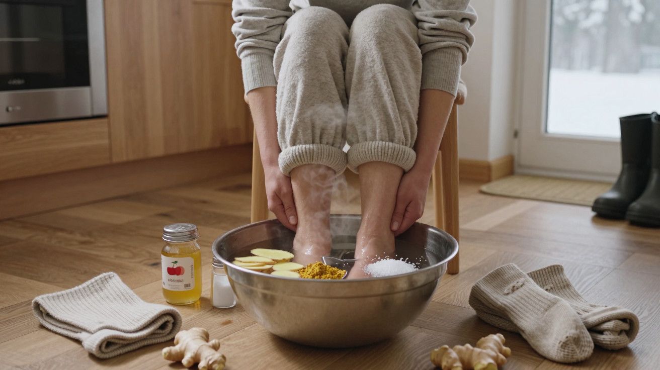 Pessoa de pijama mergulha os pés em água quente com gengibre e sal numa bacia de metal, rodeada por meias e gengibre.