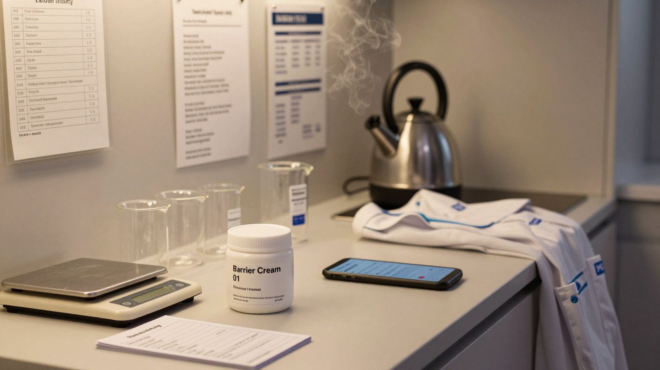 Bancada de laboratório com chaleira, creme, balança, copos medidores e bata, destacando-se um telemóvel aceso.