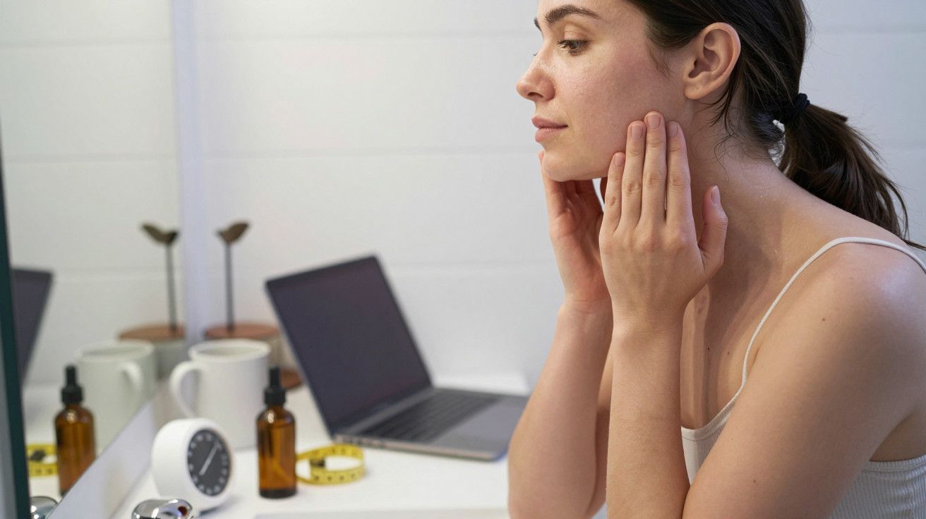 Mulher ao espelho toca no rosto, com objetos e computador ao fundo numa bancada de casa de banho.