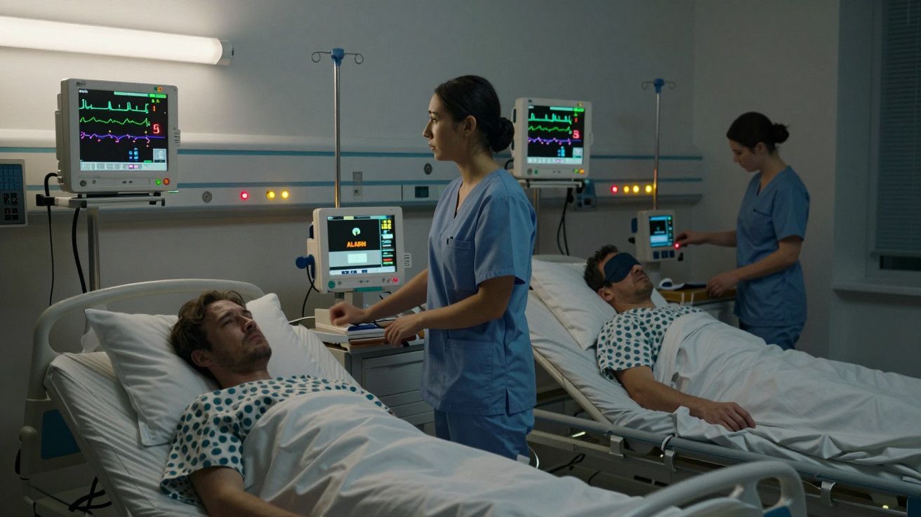 Dois pacientes hospitalizados com enfermeiras a monitorizar os seus sinais vitais numa sala de cuidados intensivos.