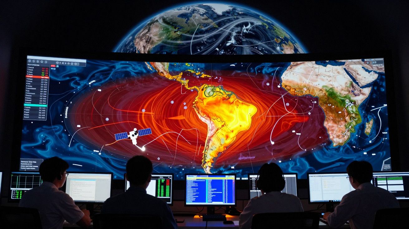 Pessoas monitorizam ecrãs com mapa climático global em sala de controlo, destacando satélite e correntes atmosféricas.