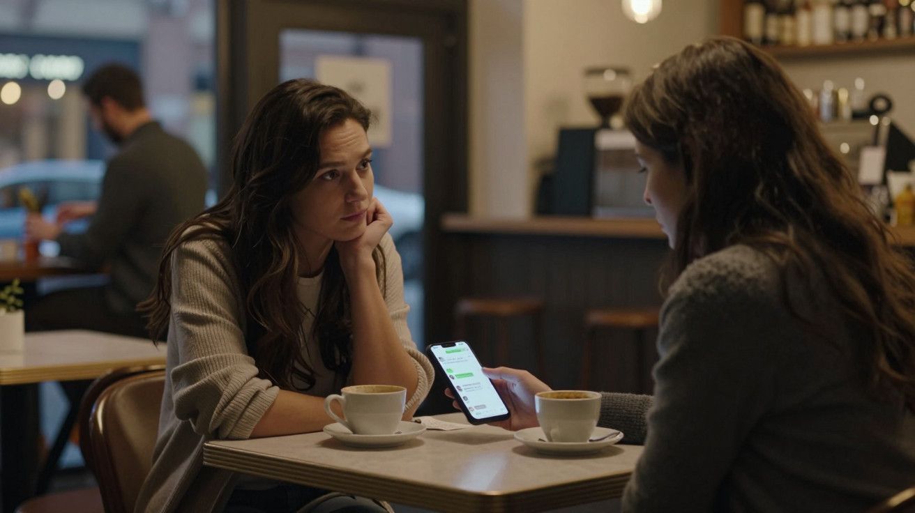 Duas mulheres conversam numa cafetaria, uma mostra algo no telemóvel à outra.