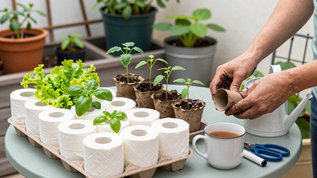 Mesa com vasos de plantas, rolos de papel higiénico e chávena, mãos de pessoa a trabalhar com regador.