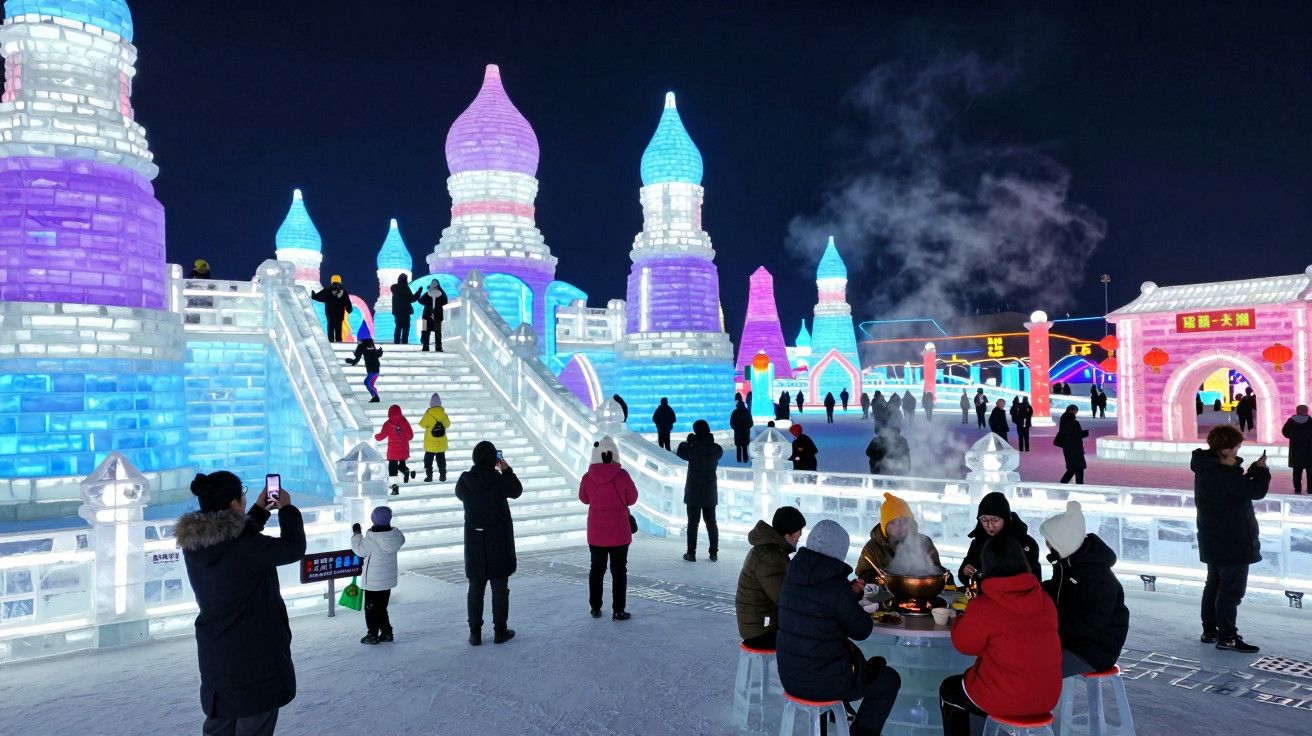 Pessoas visitam festival noturno com esculturas de gelo iluminadas em azul e roxo, algumas sentadas ao redor de uma fogueira.