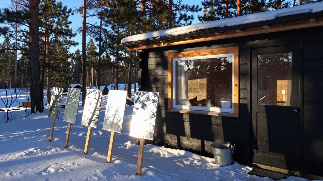 Cabana de madeira preta na neve com cinco espelhos refletindo árvores ao sol.