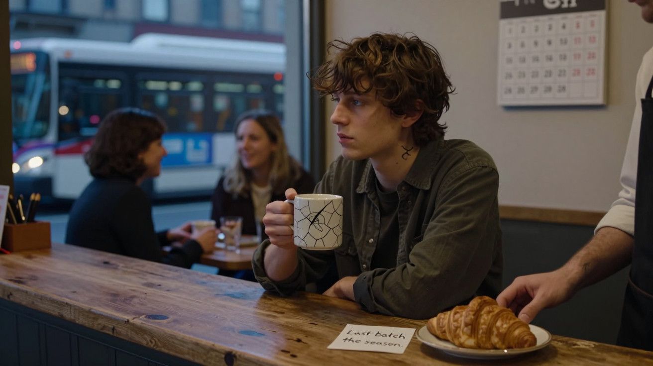 Jovem com cabelo encaracolado segura uma caneca num café, com croissants e uma nota na mesa. Pessoas conversam ao fundo.