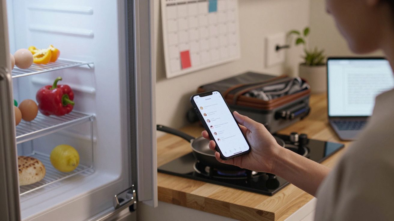 Pessoa na cozinha olha para smartphone enquanto frigorífico está aberto, mostrando ovos, pimento, limão e pão.