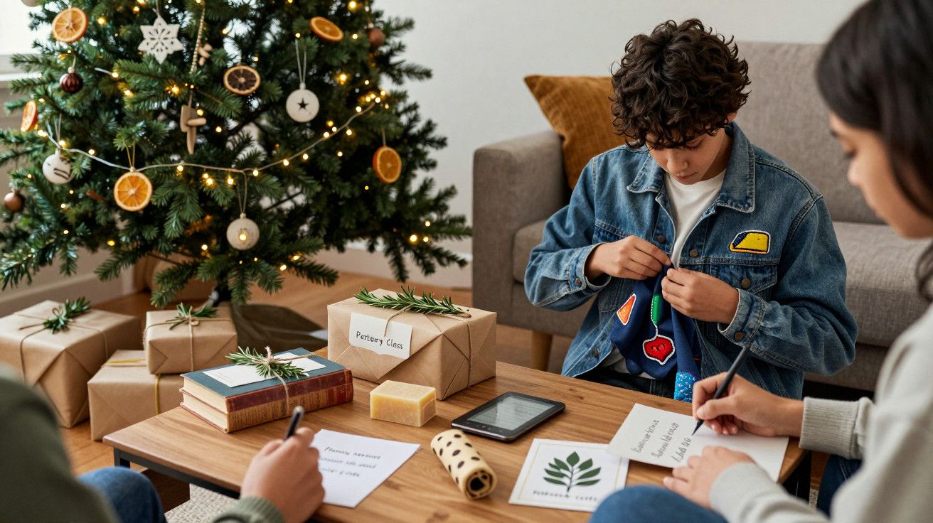 Crianças sentadas junto a uma árvore de Natal, escrevendo em cartões no Natal. Presentes decoram a mesa e o chão.