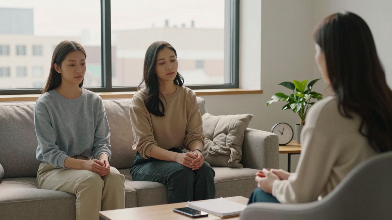 Duas mulheres sentadas num sofá, em reunião com uma terceira mulher, frente a uma mesa pequena, dentro de uma sala iluminada.