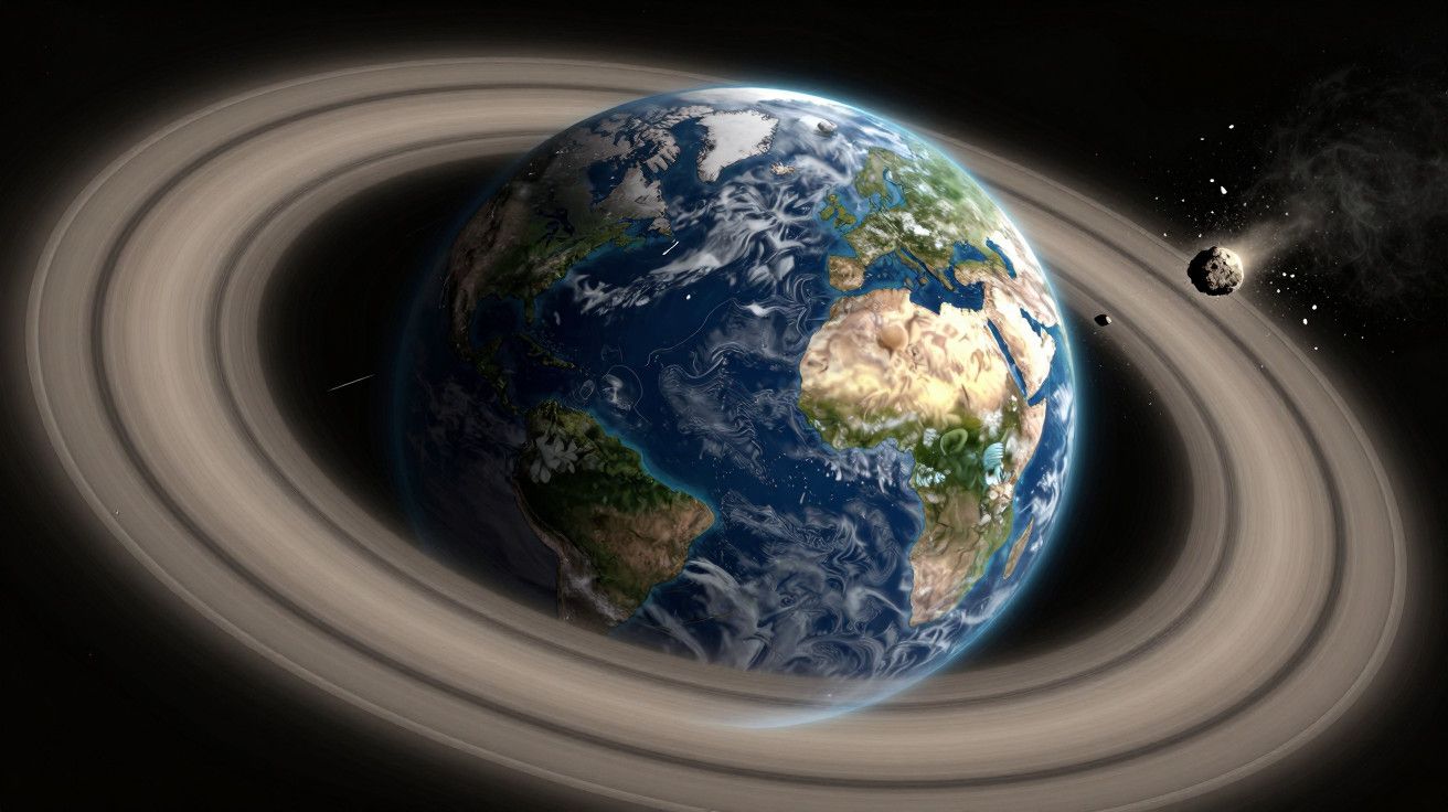 Imagem da Terra com anéis semelhantes aos de Saturno e um asteroide próximo.