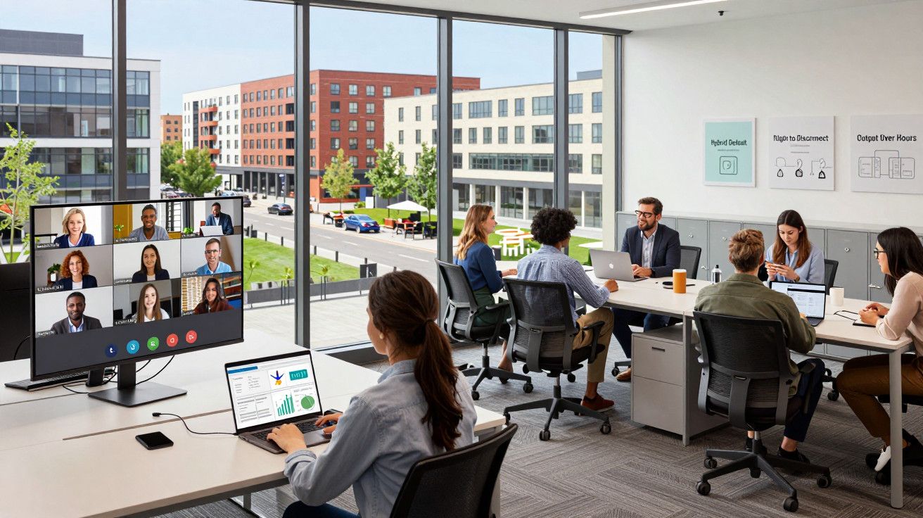 Escritório moderno com pessoas a trabalhar, algumas em videoconferência. Ambiente descontraído com vista para a cidade.