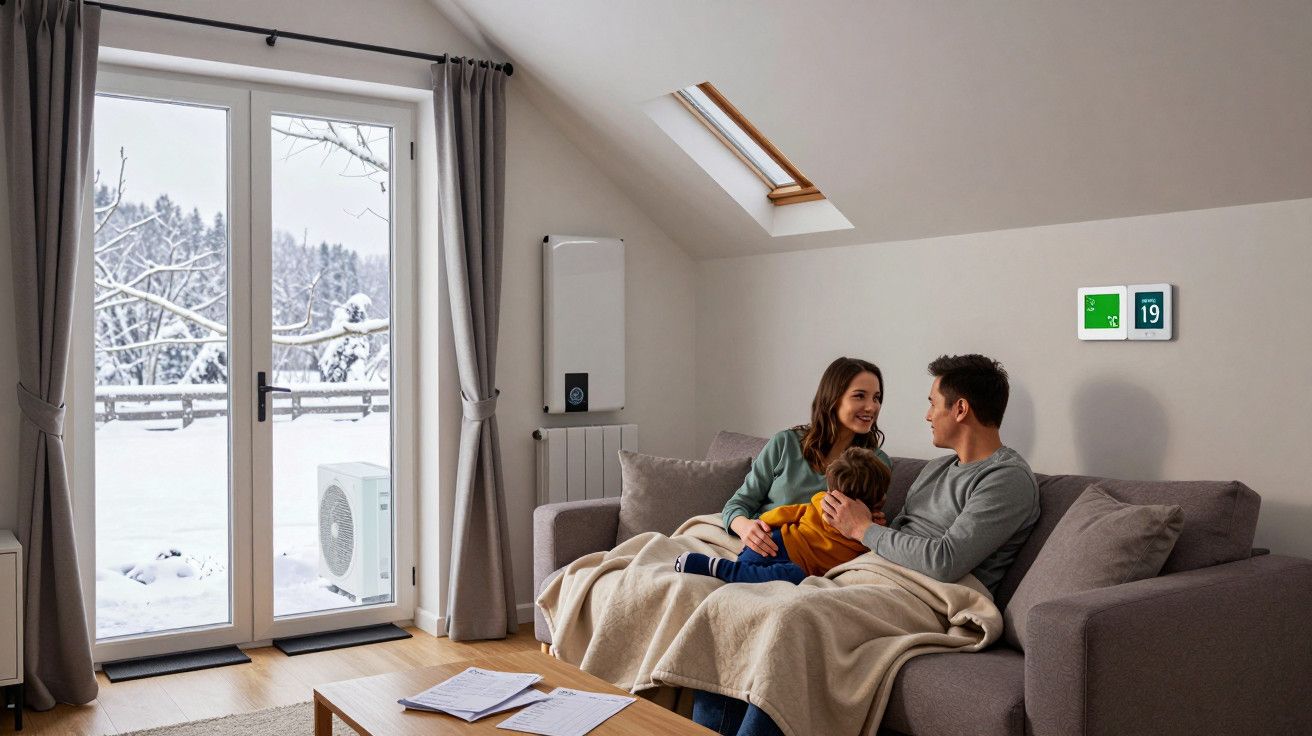 Casal e criança no sofá numa sala aquecida, com neve lá fora.