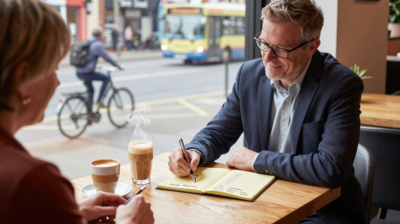 Homem de óculos escreve num caderno numa mesa de café, enquanto conversa com uma mulher; bebidas ao lado.