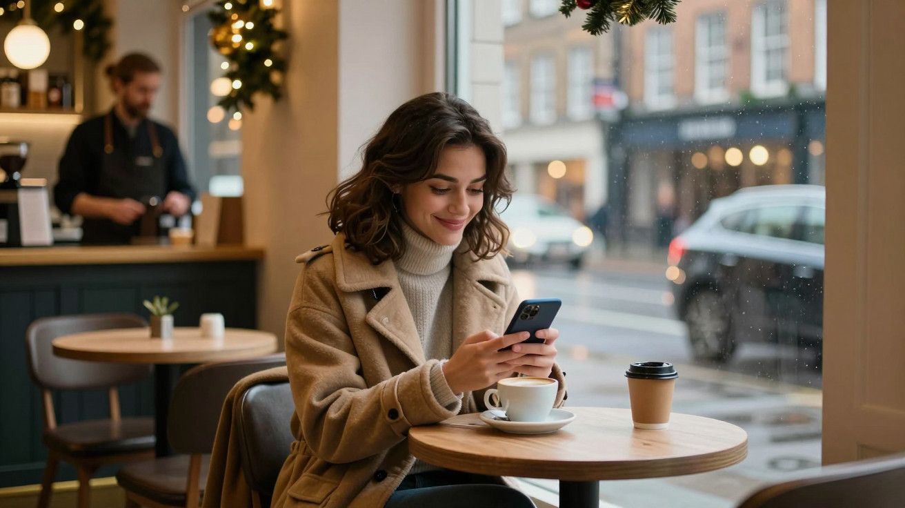Mulher sorridente num café, usando o telemóvel, com bebida quente na mesa e decorações natalícias ao fundo.