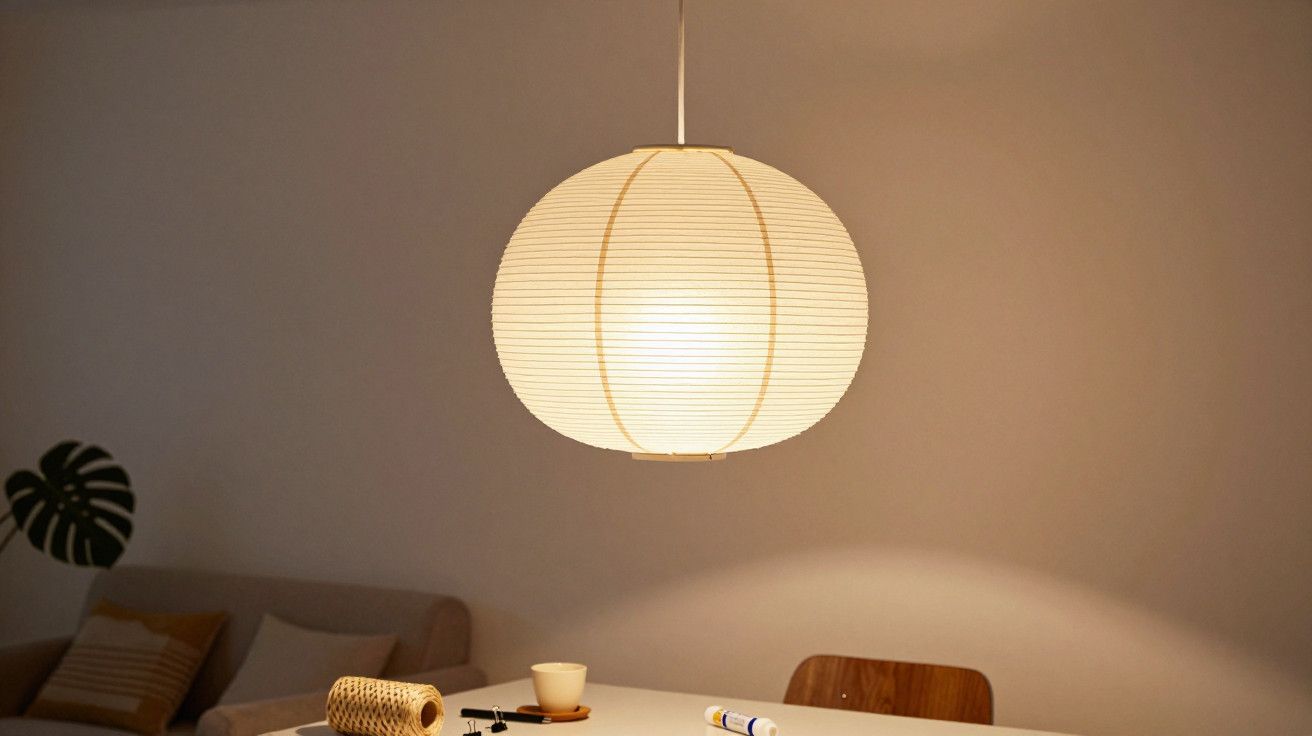 Lâmpada de papel iluminada suspensa sobre mesa com cadeira, chávena, carretel de linha e almofadas no sofá.
