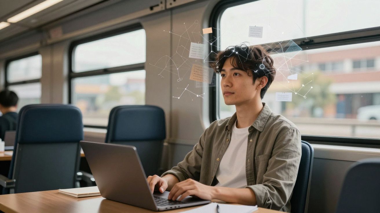 Jovem a trabalhar num portátil num comboio com hologramas de conexões de dados ao seu redor.