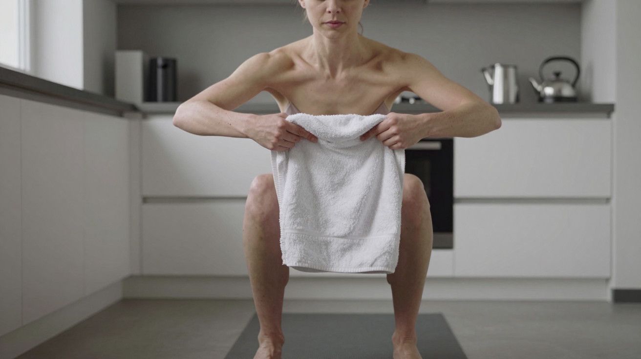 Pessoa sentada no chão da cozinha, segurando uma toalha branca, com o rosto concentrado e expressão neutra.
