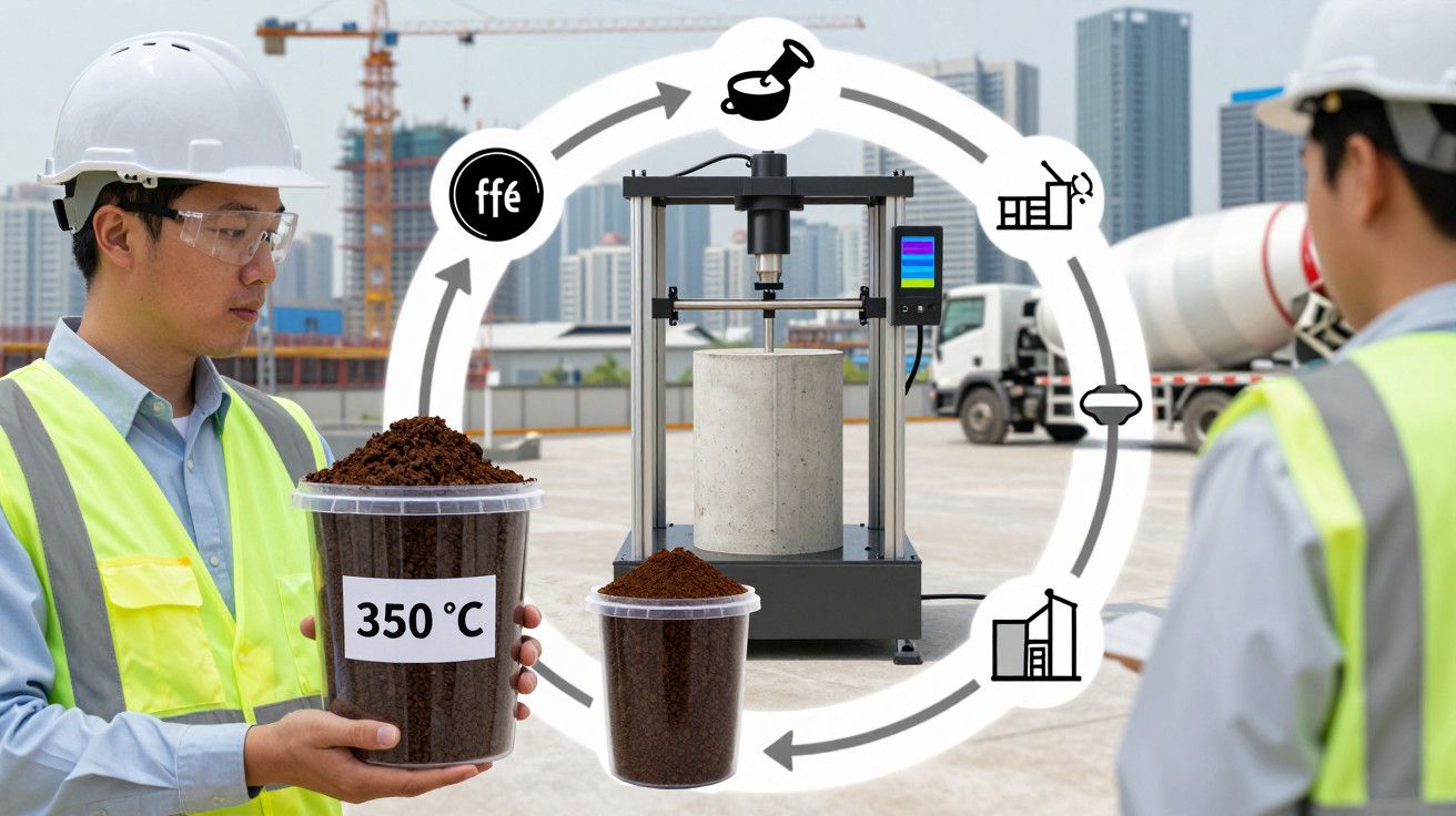 Dois trabalhadores analisam misturas de solo e cimento em local de construção com máquina de teste de pressão.