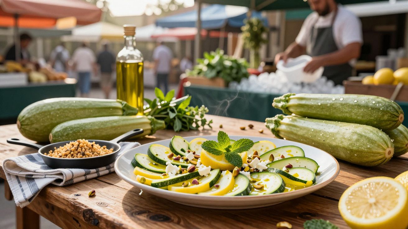 Prato de salada de abobrinhas com azeite e ervas; fundo com mercado e pessoa desfocada.