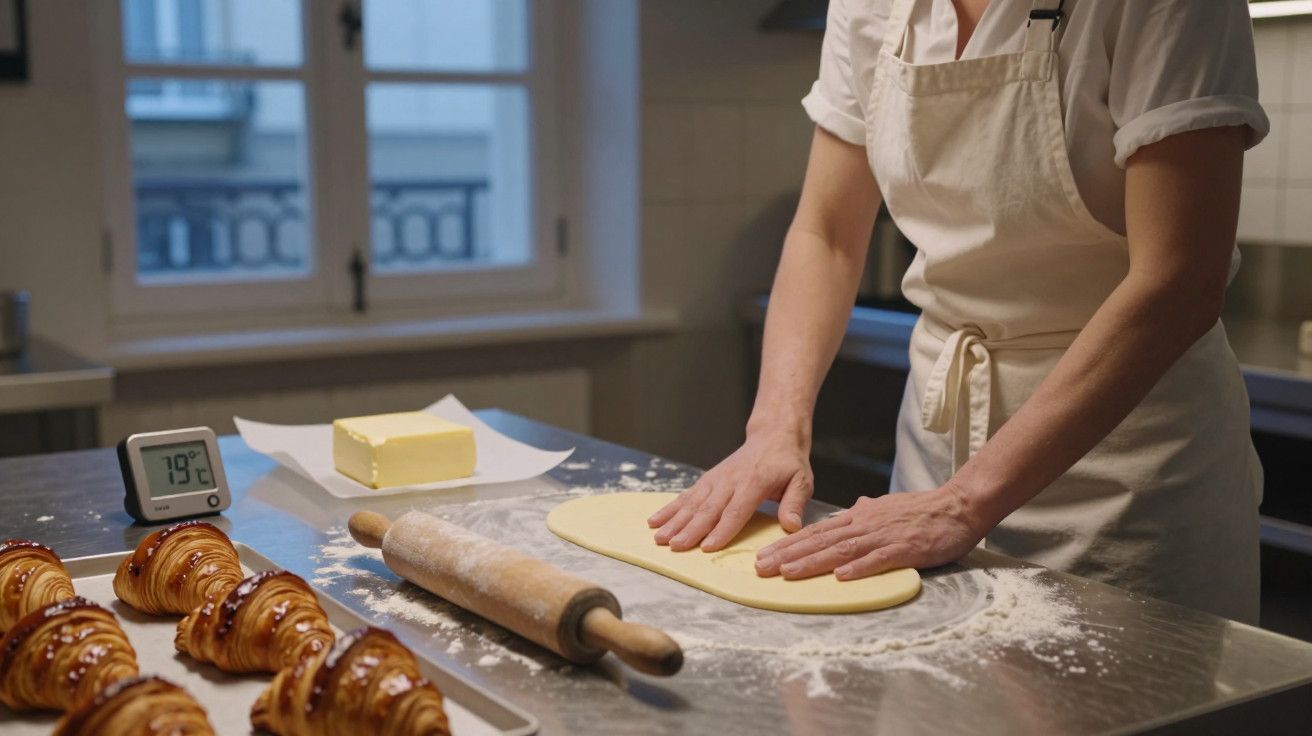 Pessoa a amassar massa folhada numa cozinha com croissants, manteiga e um termómetro em cima da bancada.