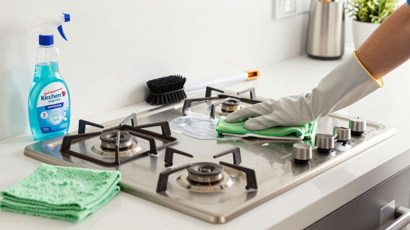 Mão com luva limpa fogão com pano verde e spray.