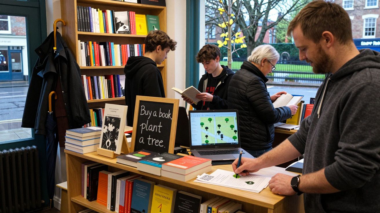 Loja de livros com pessoas a ler. Cartaz diz "Buy a book, plant a tree". Computador e livros sobre a mesa.