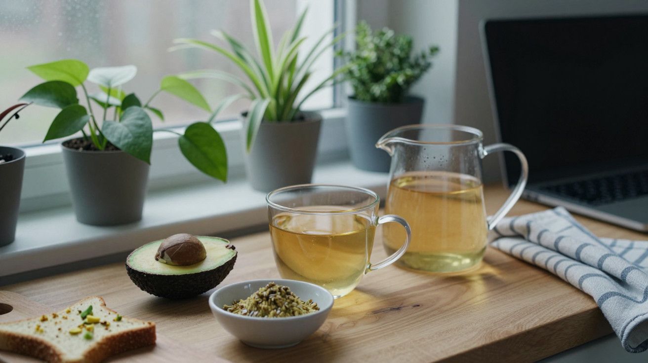 Mesa com chá, abacate, pão com creme, plantas em vasos e portátil ao fundo.