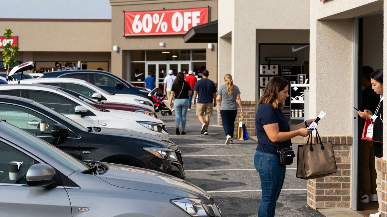Clientes entram numa loja com sinal de 60% de desconto. Estacionamento cheio de carros. Pessoas a ler folhetos.