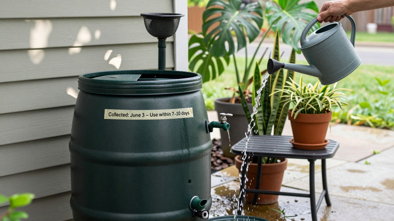 Pessoa a encher regador com água de um barril verde num jardim com plantas ao fundo.