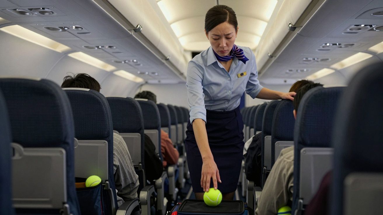 Comissária de bordo arruma bagagem no compartimento superior de um avião, com bolas de ténis visíveis.