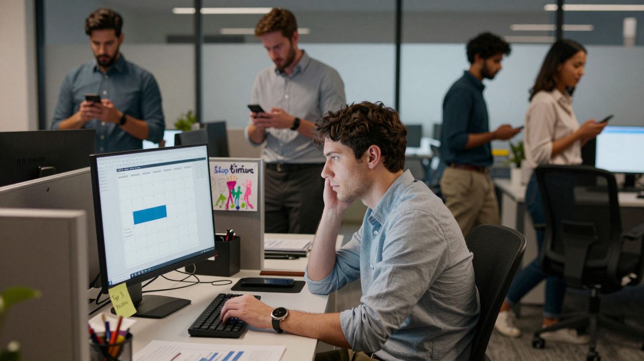 Homem concentrado no computador num escritório, rodeado por colegas a usar telemóveis.
