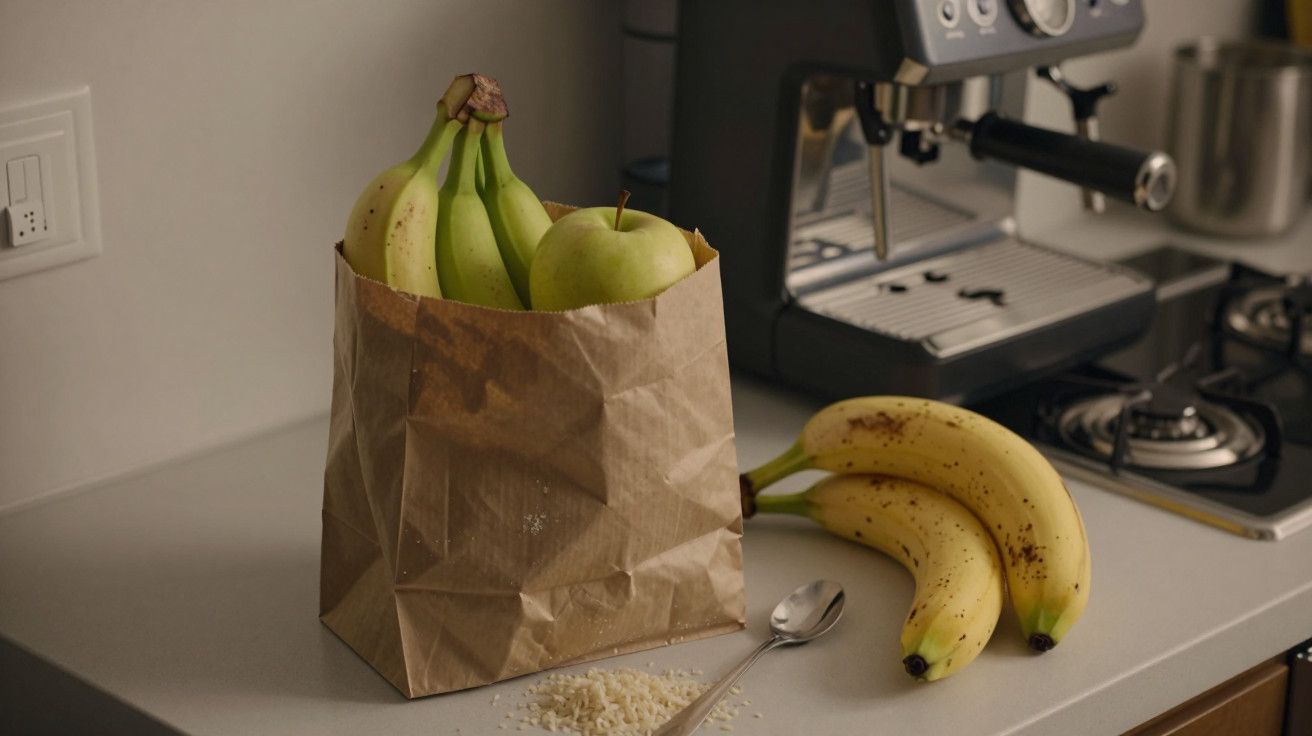 Sacola de papel com bananas e maçã num balcão de cozinha, próximo a máquina de café e colher com grãos de arroz.