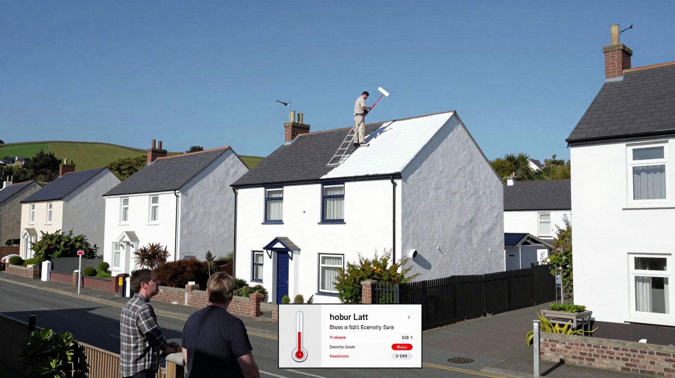 Homem pinta telhado de casa branca numa rua residencial sob céu azul, com duas pessoas a observar do chão.