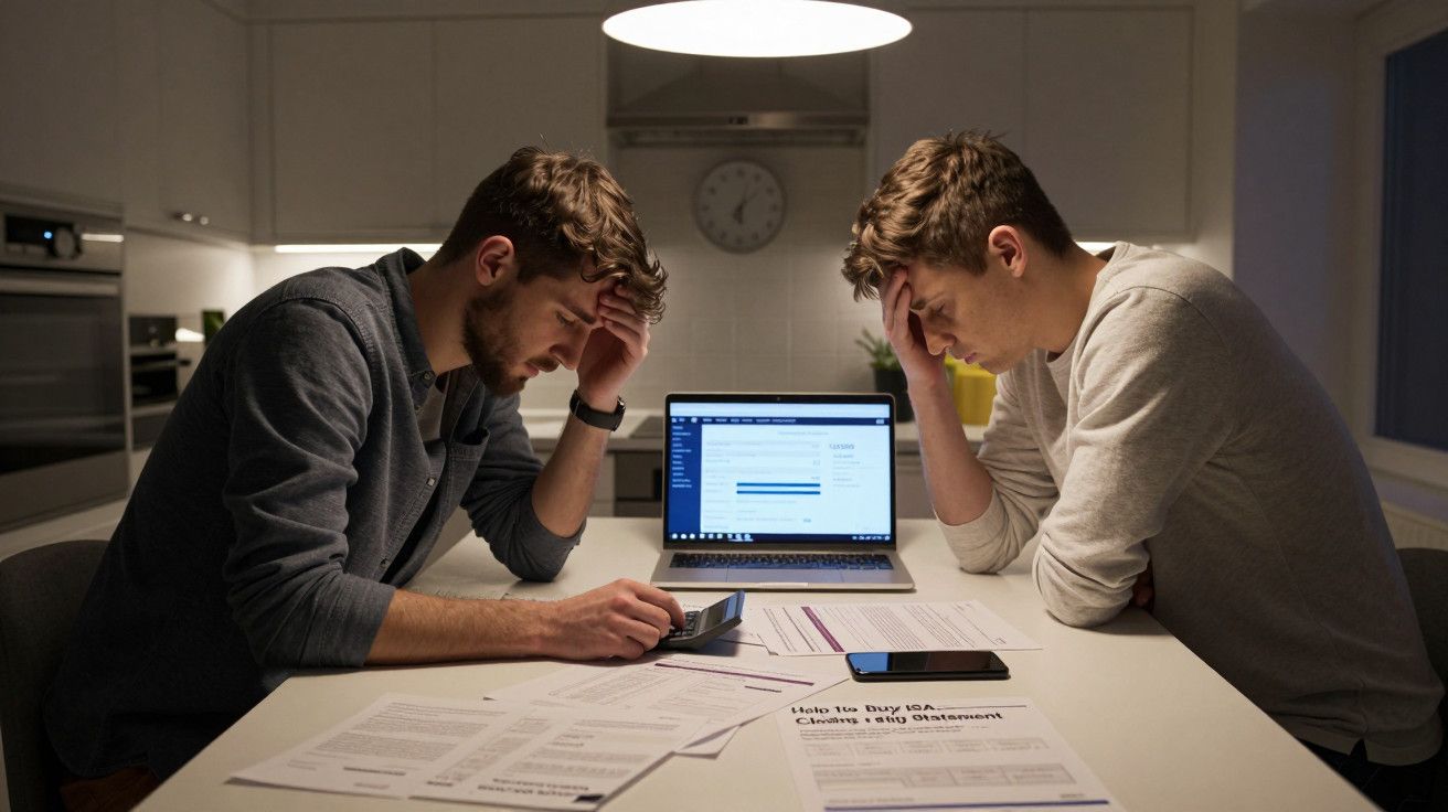 Dois homens preocupados, sentados à mesa, olham para papéis e um laptop numa cozinha mal iluminada.