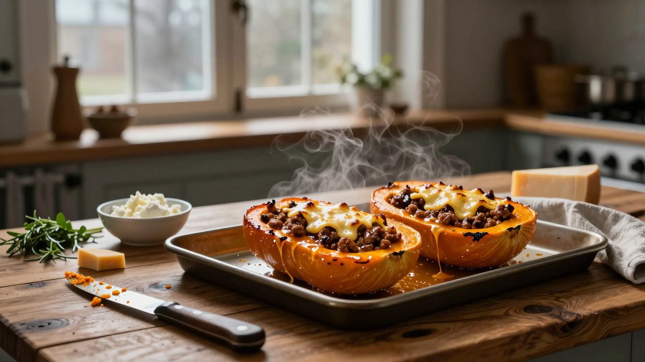 Metades de abóbora recheadas com carne e queijo derretido, em tabuleiro, sobre mesa de madeira numa cozinha rústica.