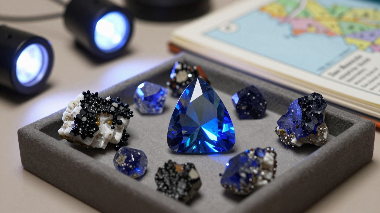 Caixa com pedras preciosas azuis e pretas, iluminadas por pequenas lanternas, com um livro ao fundo.