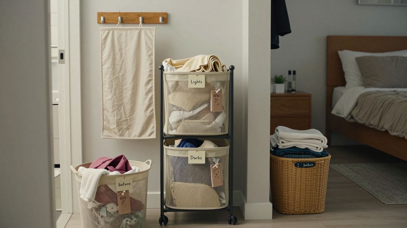 Cestos de roupa suja em quarto, separados por cores e etiquetas: claros, escuros e antes. Quarto com cama ao fundo.